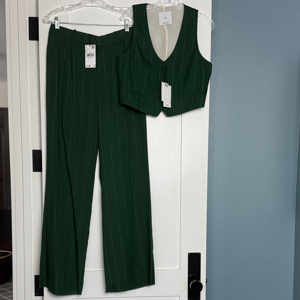 Mango Dark Green Pinstripe Vest and Wide-Leg Trousers